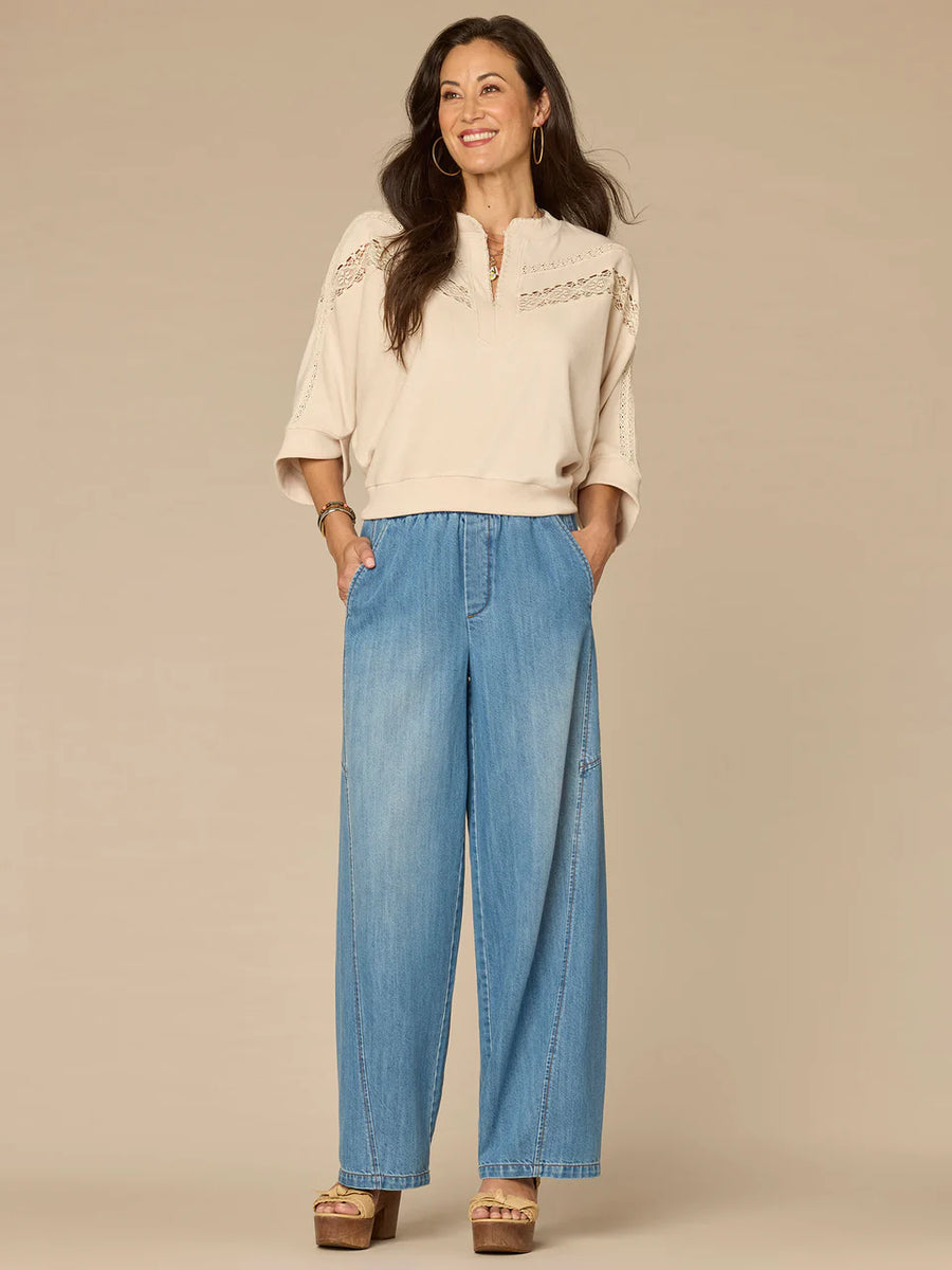Democracy Embroidered Mandarin Collar Knit Top – Dolman Sleeve