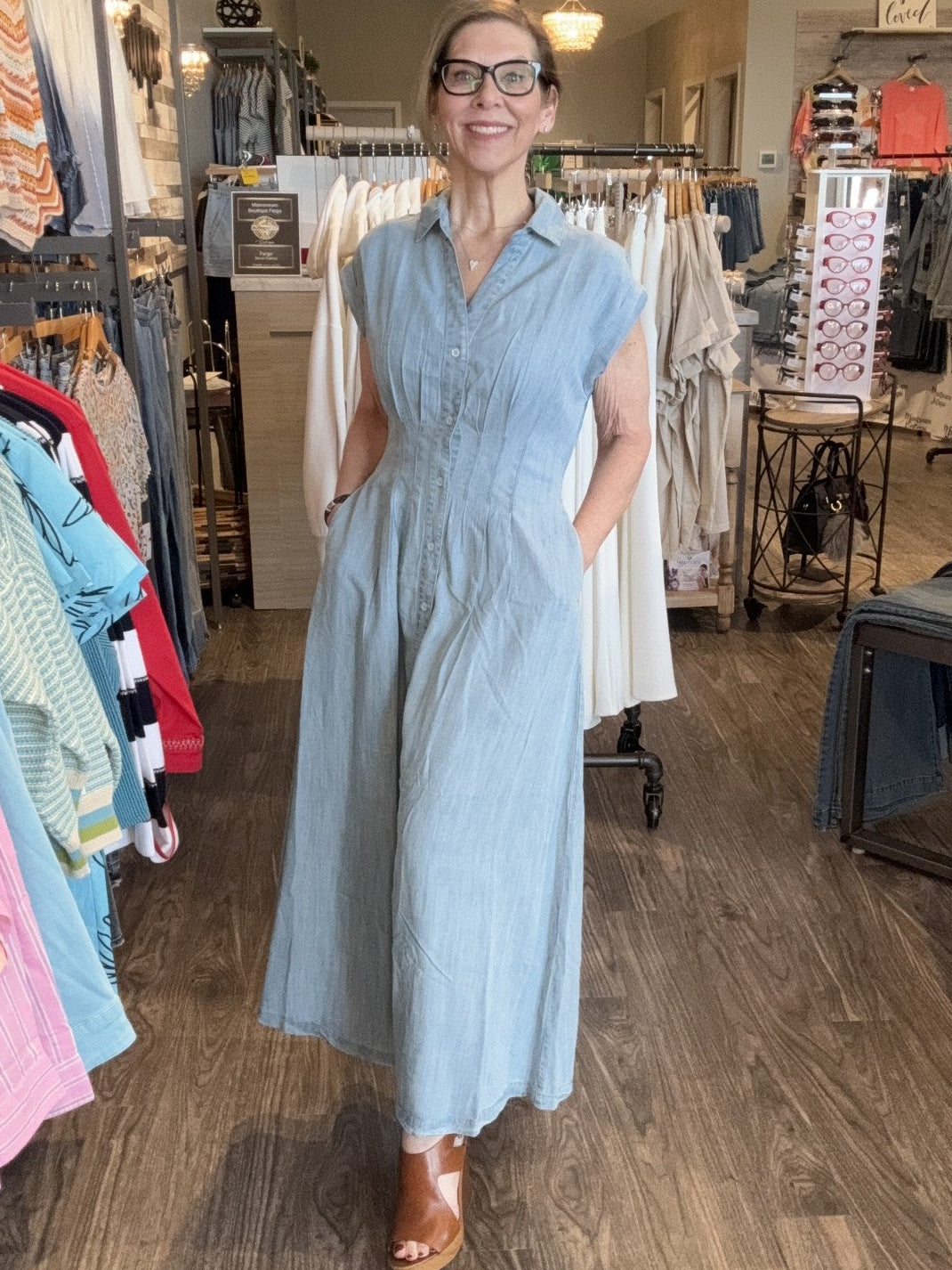 Elan Blue Tencel Midi Dress – Women’s Cap Sleeve Button-Down V-Neck Dress Powder Blue / M
