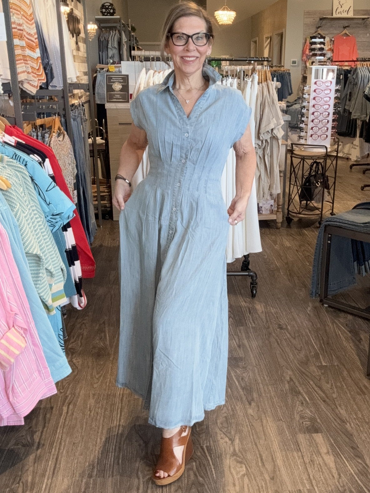 Elan Blue Tencel Midi Dress – Women’s Cap Sleeve Button-Down V-Neck Dress Powder Blue / M