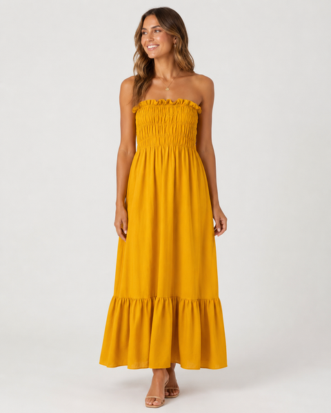 Strapless Smocked Maxi Dress L / MUSTARD