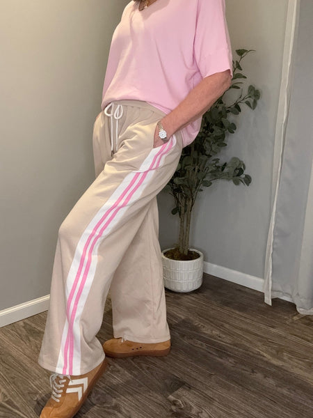 YOLLY Beige Wide Leg Joggers | Side Stripe Drawstring Pants YOLLY Beige Wide Leg Joggers | Side Stripe Drawstring Pants
